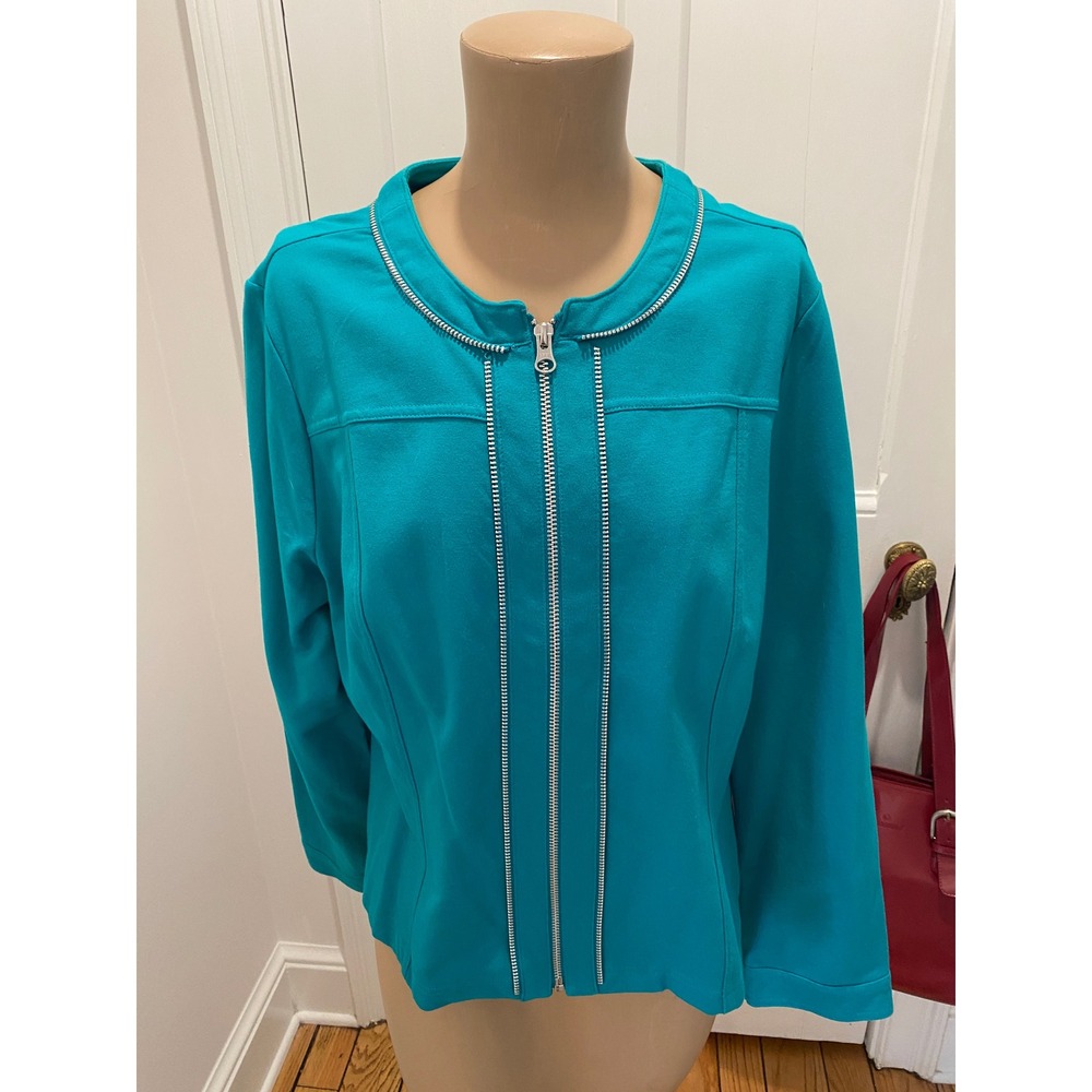 Chico's Turquoise Blue Zip Front Jacket‎ Silver Zipper Trim Size 2 Large Modern